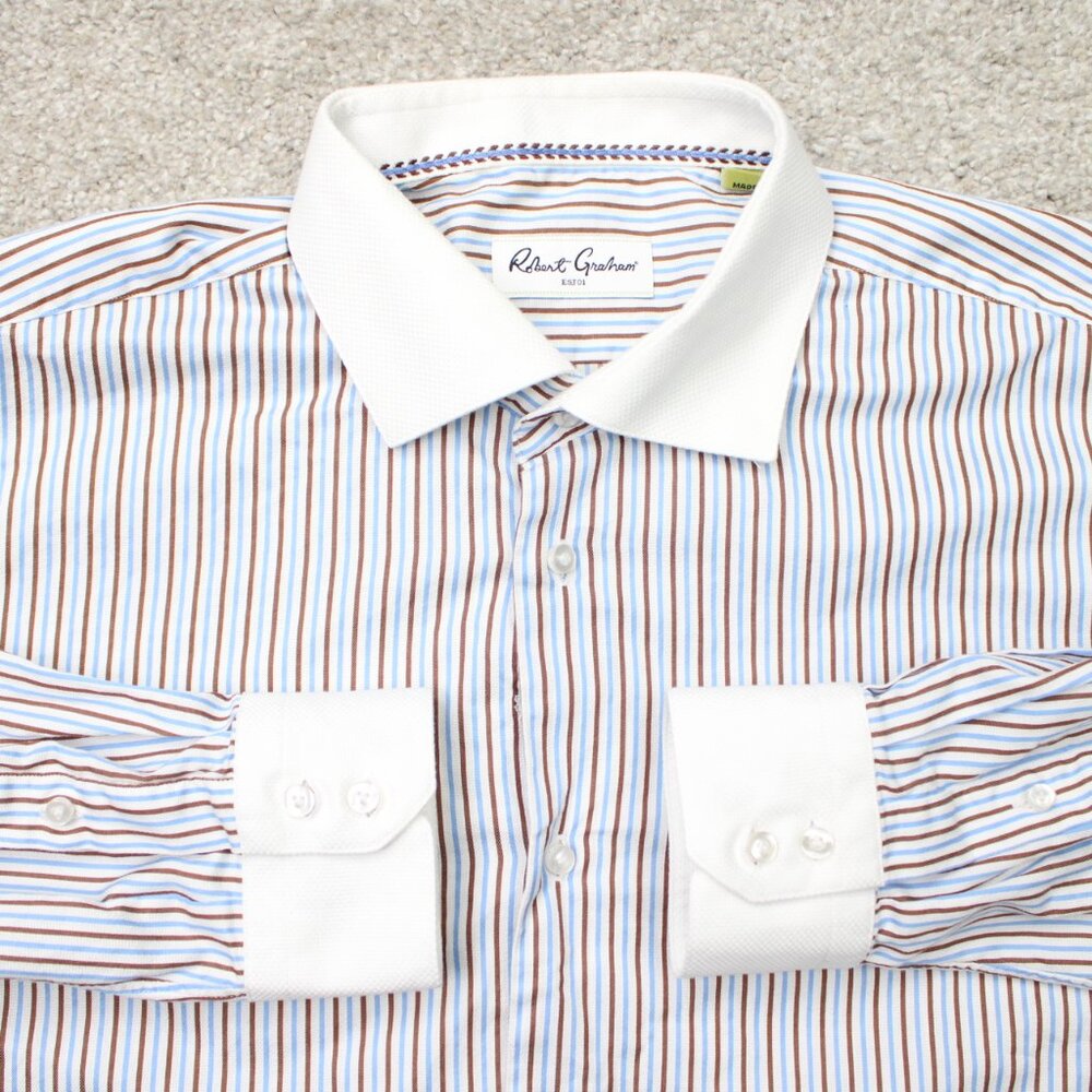 Robert Graham Shirt Mens 17.5, 44‎ Blue/Brown Contrast Collar Cotton Long Sleeve